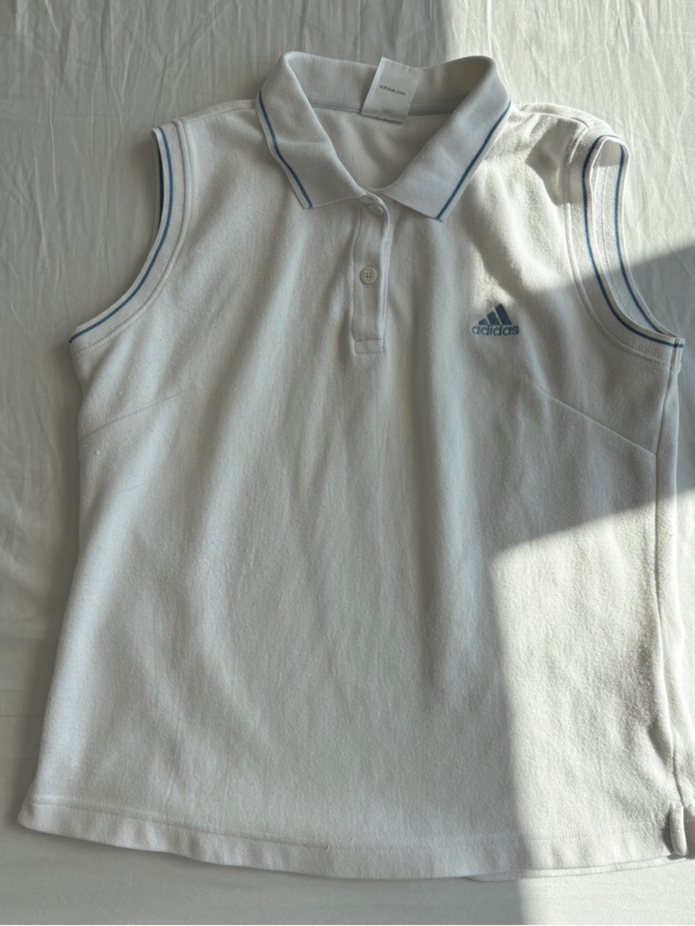 adidas White Sleeveless Polo Top with Light Blue Trim